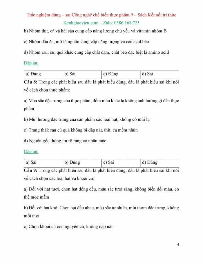 Trắc nghiệm đúng sai Công nghệ 9 Chế biến thực phẩm Kết nối tri thức