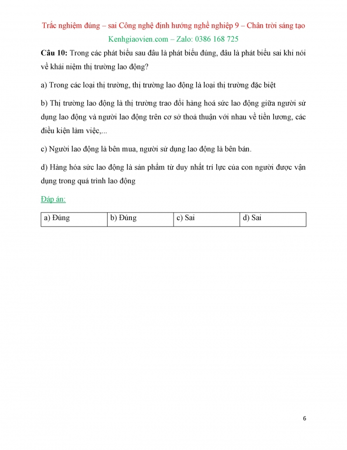 Trắc nghiệm đúng sai Công nghệ 9 Định hướng nghề nghiệp Chân trời sáng tạo