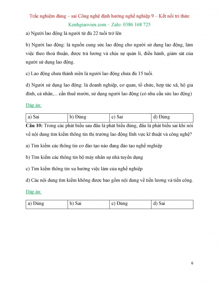 Trắc nghiệm đúng sai Công nghệ 9 Định hướng nghề nghiệp Kết nối tri thức