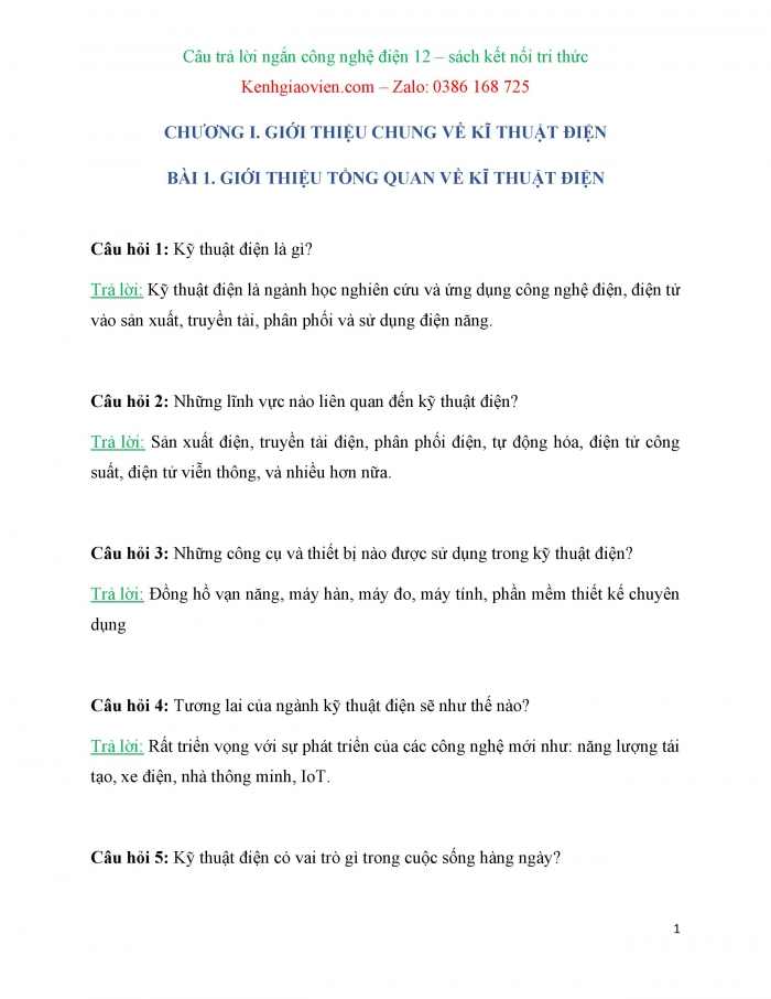 Trắc nghiệm dạng câu trả lời ngắn Công nghệ 12 Điện - Điện tử Kết nối tri thức