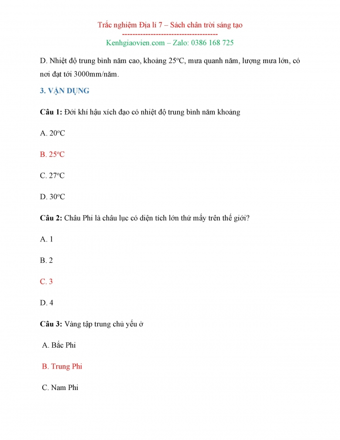 Câu hỏi trắc nghiệm Địa lí 7 chân trời sáng tạo