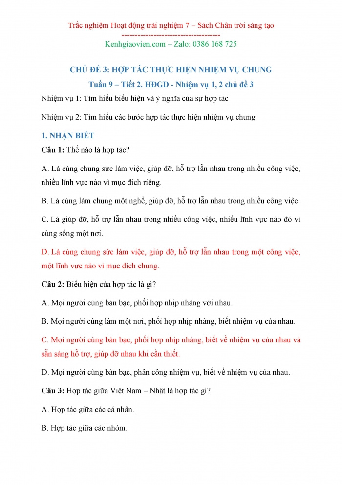 Câu hỏi trắc nghiệm Hoạt động trải nghiệm hướng nghiệp 7 chân trời sáng tạo Bản 1