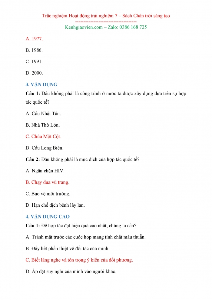 Câu hỏi trắc nghiệm Hoạt động trải nghiệm hướng nghiệp 7 chân trời sáng tạo Bản 1