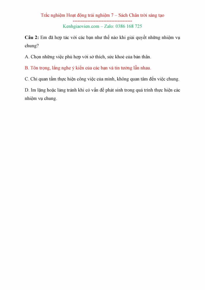 Câu hỏi trắc nghiệm Hoạt động trải nghiệm hướng nghiệp 7 chân trời sáng tạo Bản 1