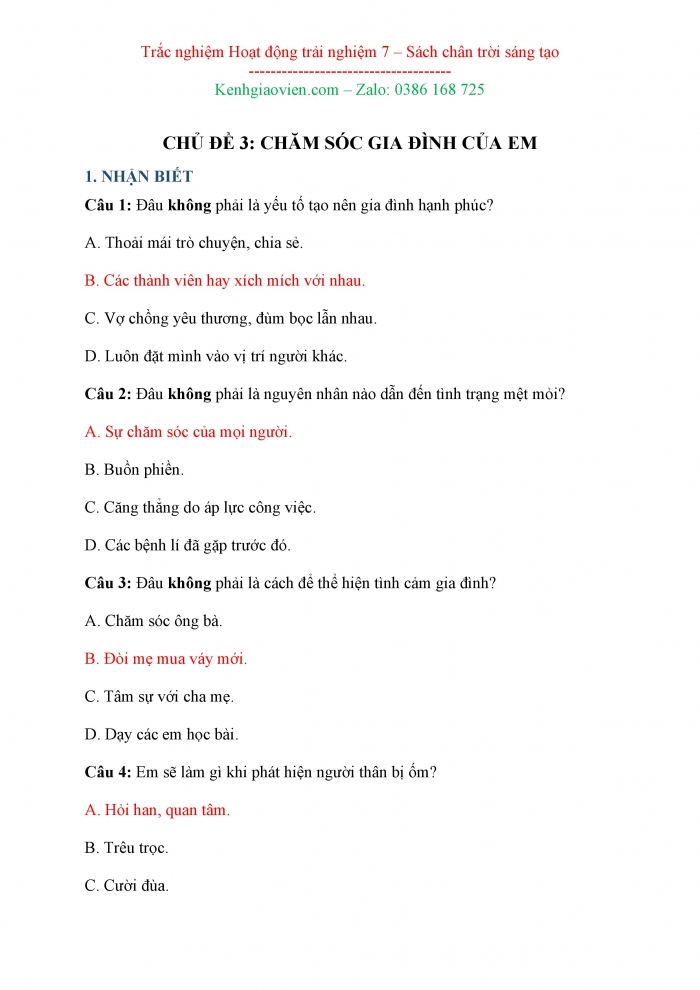 Câu hỏi trắc nghiệm Hoạt động trải nghiệm hướng nghiệp 7 chân trời sáng tạo Bản 2