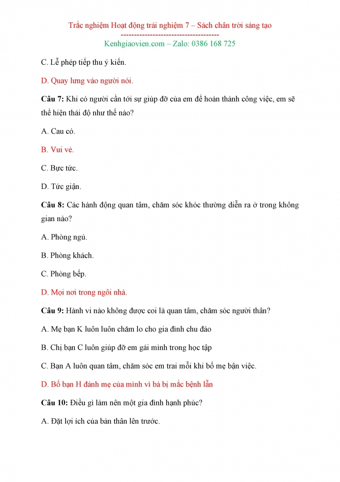 Câu hỏi trắc nghiệm Hoạt động trải nghiệm hướng nghiệp 7 chân trời sáng tạo Bản 2