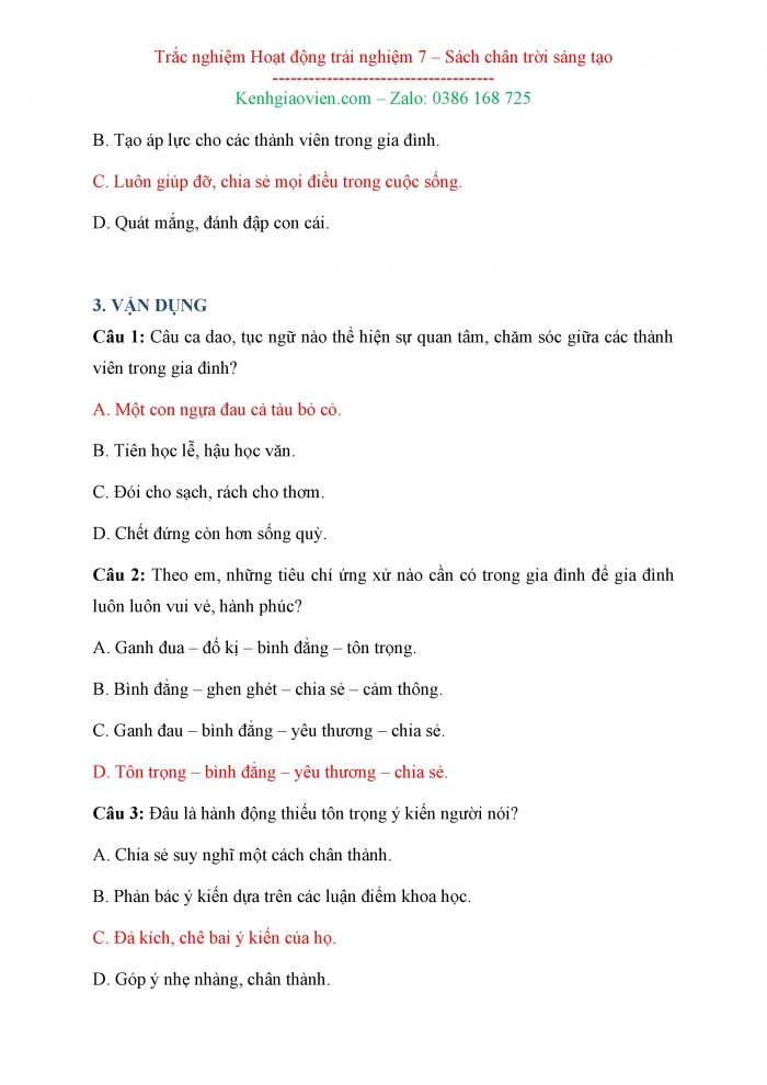 Câu hỏi trắc nghiệm Hoạt động trải nghiệm hướng nghiệp 7 chân trời sáng tạo Bản 2