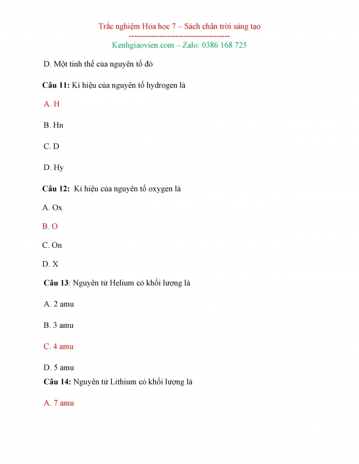 Bài tập trắc nghiệm Hoá học 7 chân trời sáng tạo