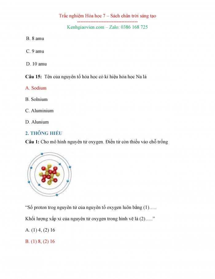 Bài tập trắc nghiệm Hoá học 7 chân trời sáng tạo
