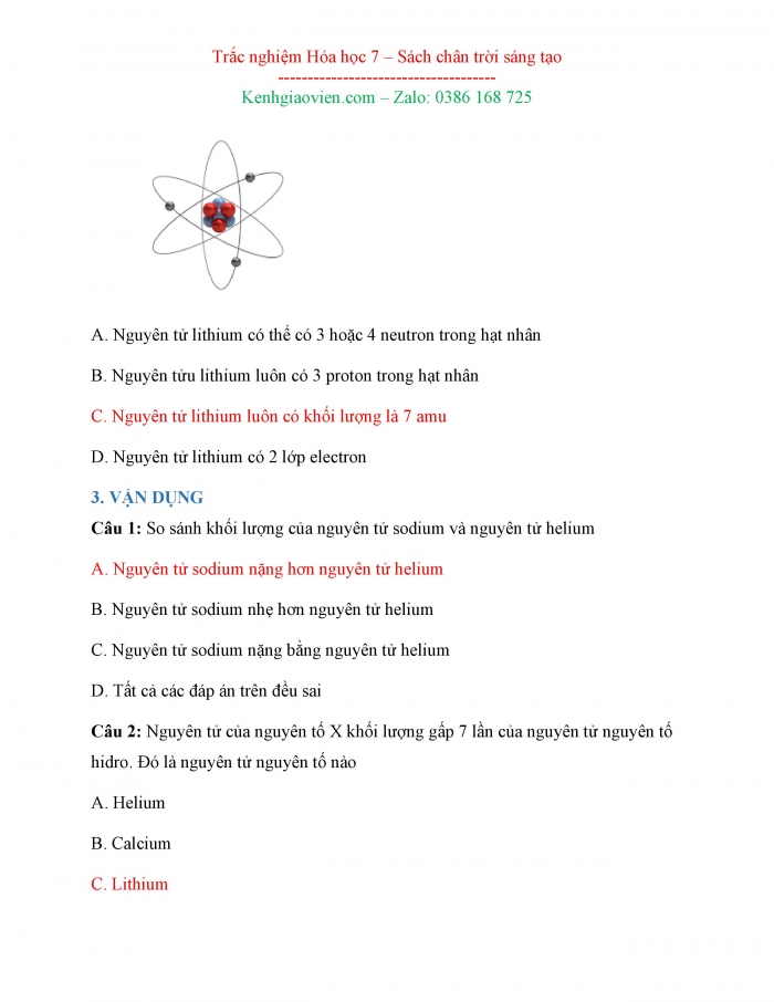 Bài tập trắc nghiệm Hoá học 7 chân trời sáng tạo