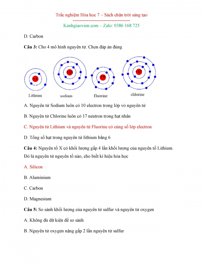 Bài tập trắc nghiệm Hoá học 7 chân trời sáng tạo