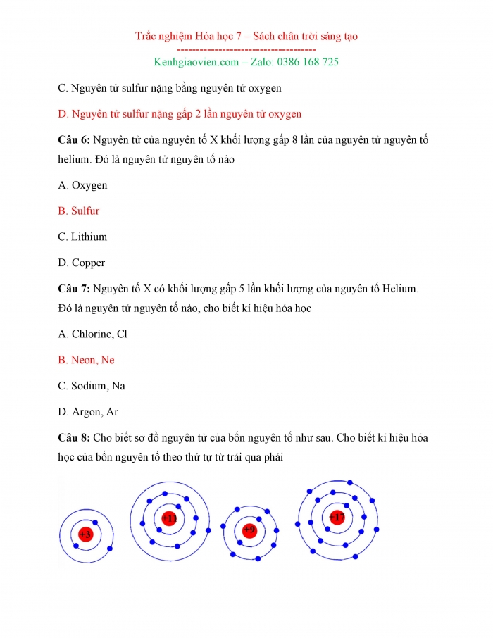 Bài tập trắc nghiệm Hoá học 7 chân trời sáng tạo