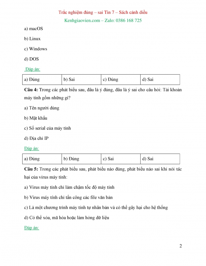 Trắc nghiệm đúng sai Tin học 7 cánh diều