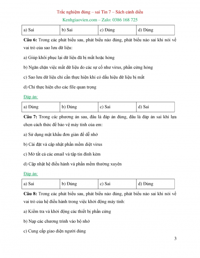 Trắc nghiệm đúng sai Tin học 7 cánh diều