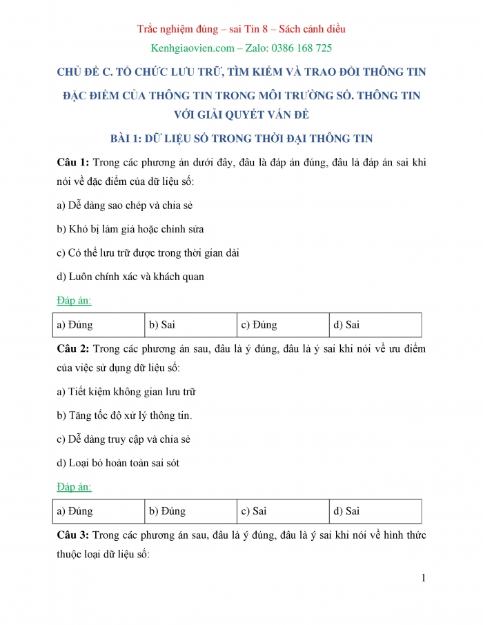 Trắc nghiệm đúng sai Tin học 8 cánh diều