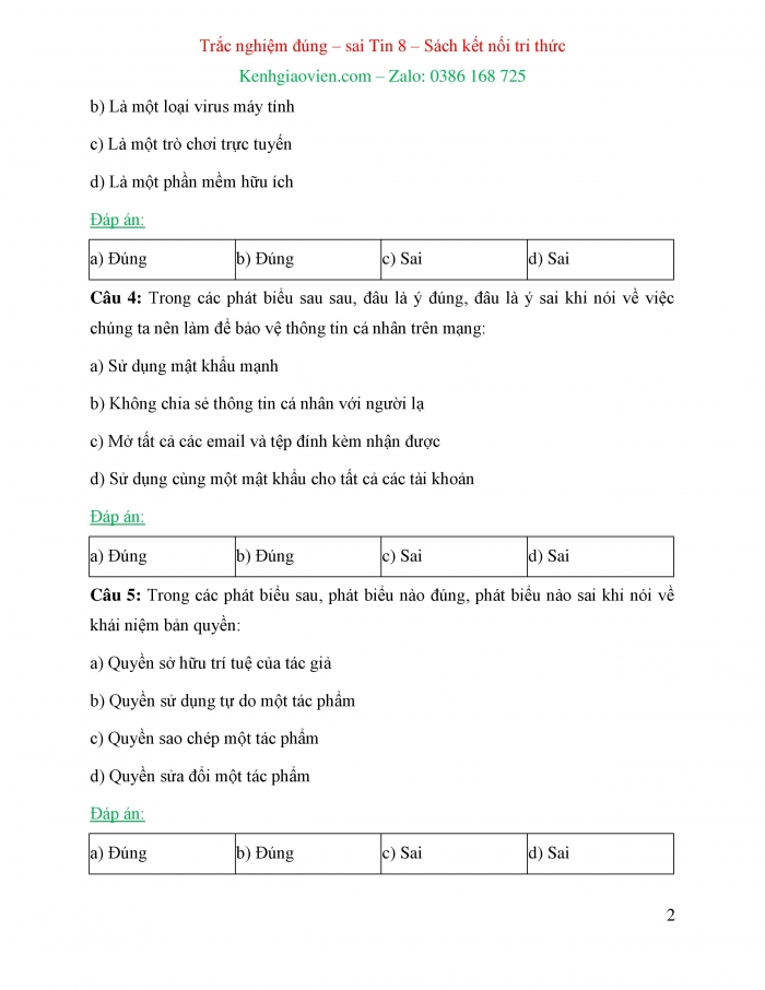 Trắc nghiệm đúng sai Tin học 8 kết nối tri thức
