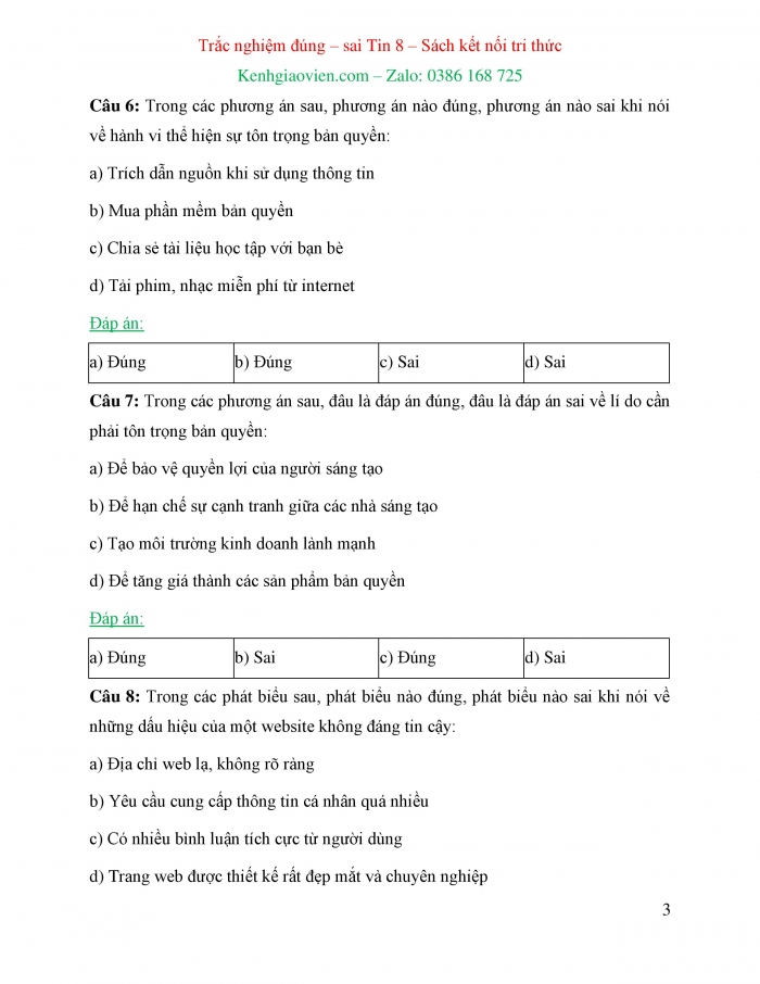 Trắc nghiệm đúng sai Tin học 8 kết nối tri thức