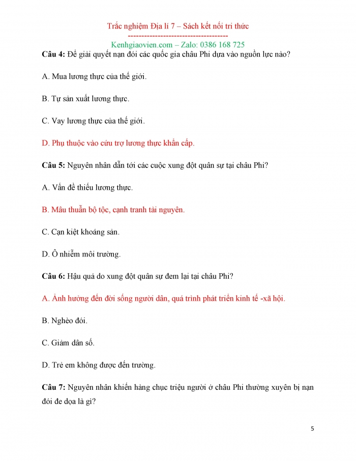 Câu hỏi trắc nghiệm Địa lí 7 kết nối tri thức