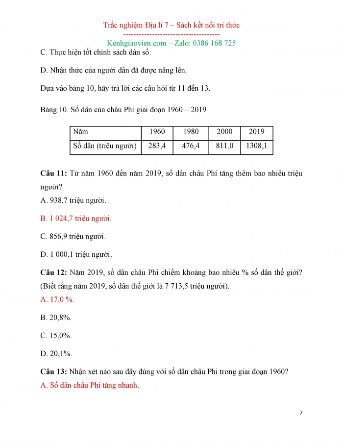 Câu hỏi trắc nghiệm Địa lí 7 kết nối tri thức