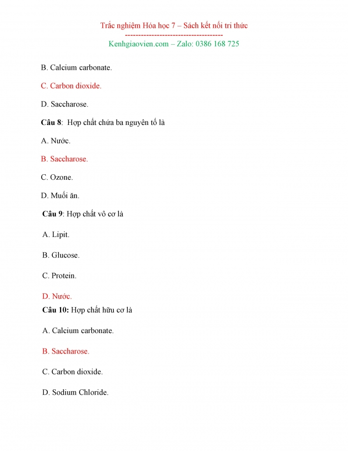 Bài tập trắc nghiệm Hoá học 7 kết nối tri thức