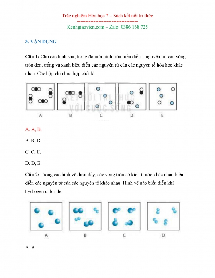 Bài tập trắc nghiệm Hoá học 7 kết nối tri thức