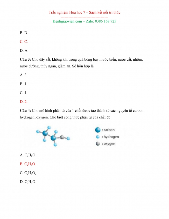 Bài tập trắc nghiệm Hoá học 7 kết nối tri thức