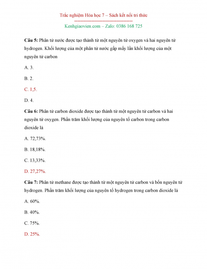 Bài tập trắc nghiệm Hoá học 7 kết nối tri thức