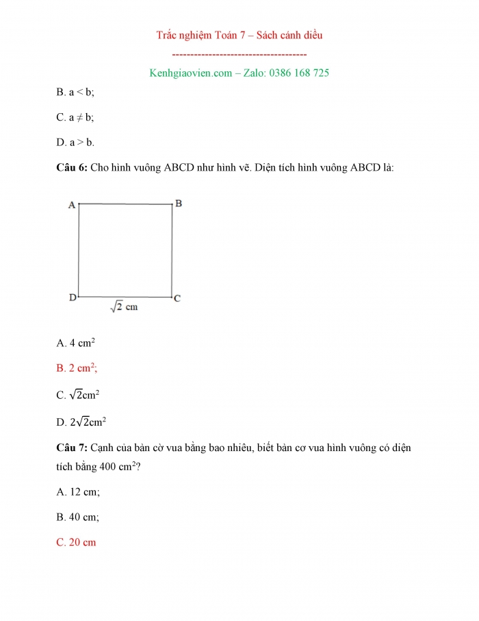 Bài tập trắc nghiệm Toán 7 cánh diều