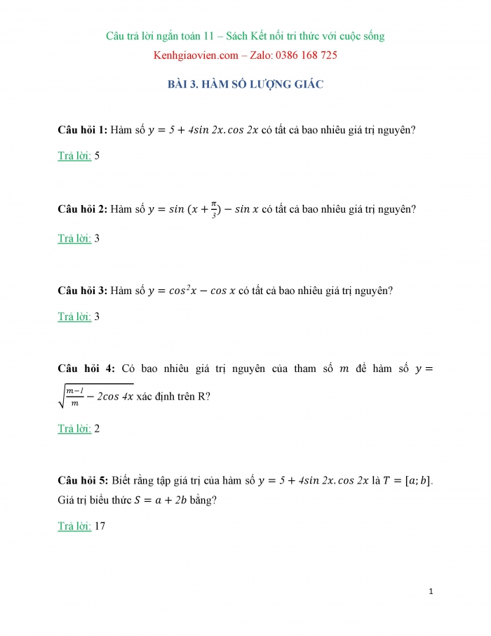 Trắc nghiệm dạng câu trả lời ngắn Toán 11 kết nối tri thức