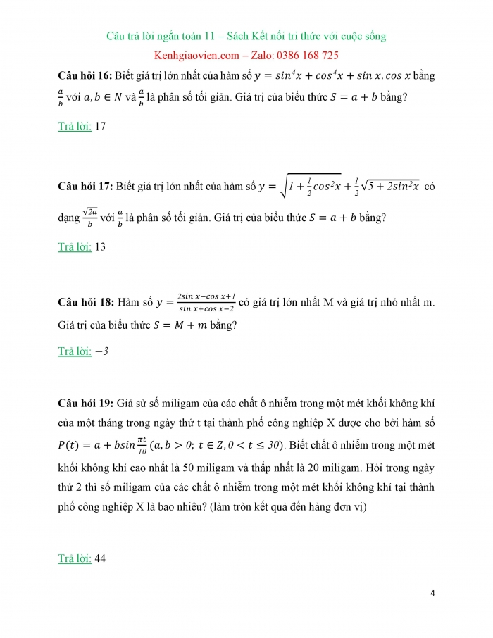 Trắc nghiệm dạng câu trả lời ngắn Toán 11 kết nối tri thức