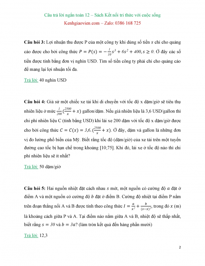 Trắc nghiệm dạng câu trả lời ngắn Toán 12 kết nối tri thức