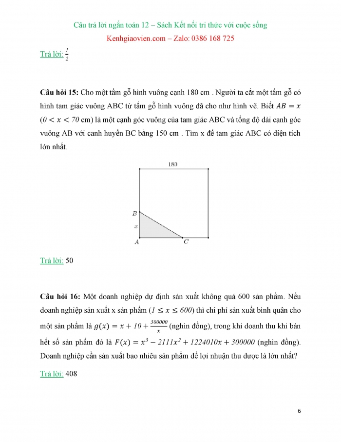 Trắc nghiệm dạng câu trả lời ngắn Toán 12 kết nối tri thức