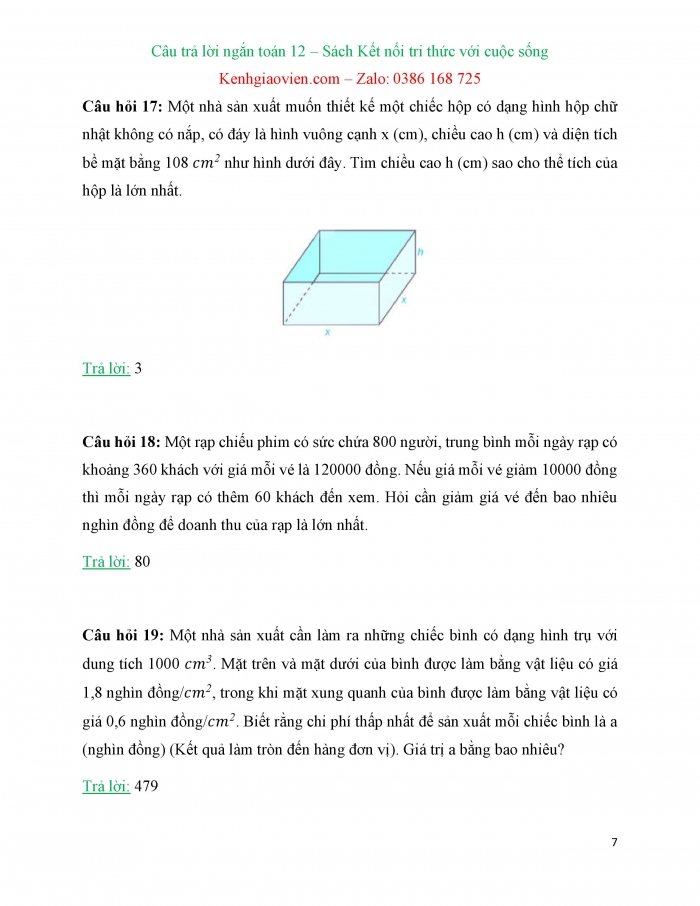 Trắc nghiệm dạng câu trả lời ngắn Toán 12 kết nối tri thức