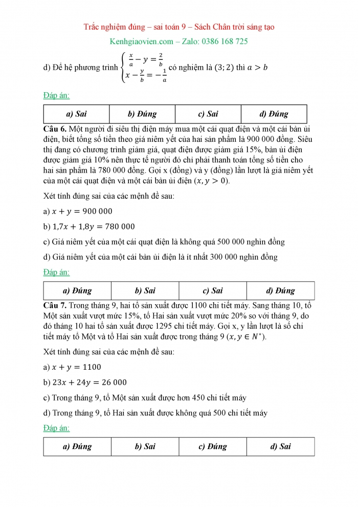 Trắc nghiệm đúng sai Toán 9 chân trời sáng tạo