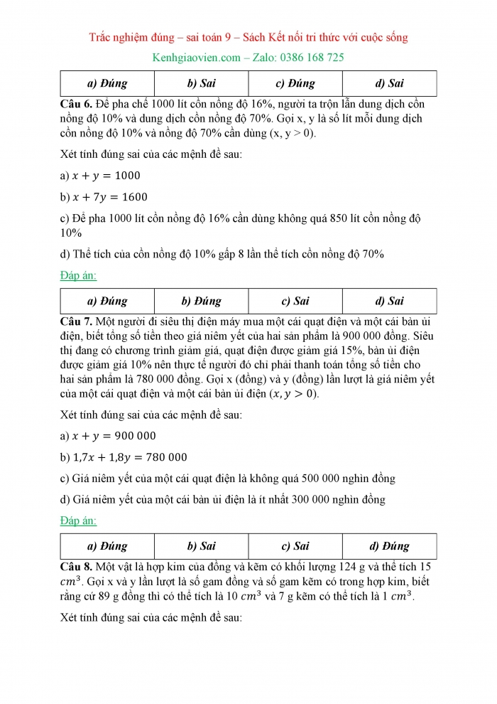 Trắc nghiệm đúng sai Toán 9 kết nối tri thức