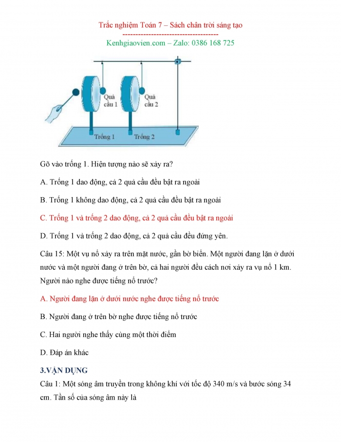 Bài tập trắc nghiệm Vật lí 7 chân trời sáng tạo