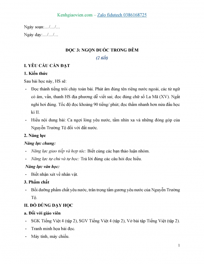 Giáo án và PPT Tiếng Việt 4 cánh diều Bài 17: Ngọn đuốc trong đêm