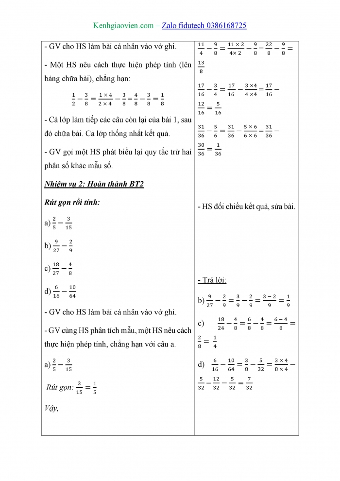 Giáo án và PPT Toán 4 cánh diều Bài 77: Trừ các phân số khác mẫu số