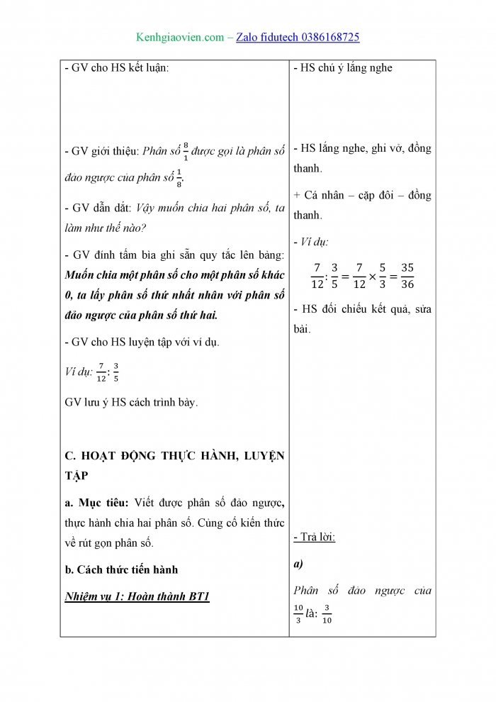 Giáo án và PPT Toán 4 cánh diều Bài 84: Phép chia phân số