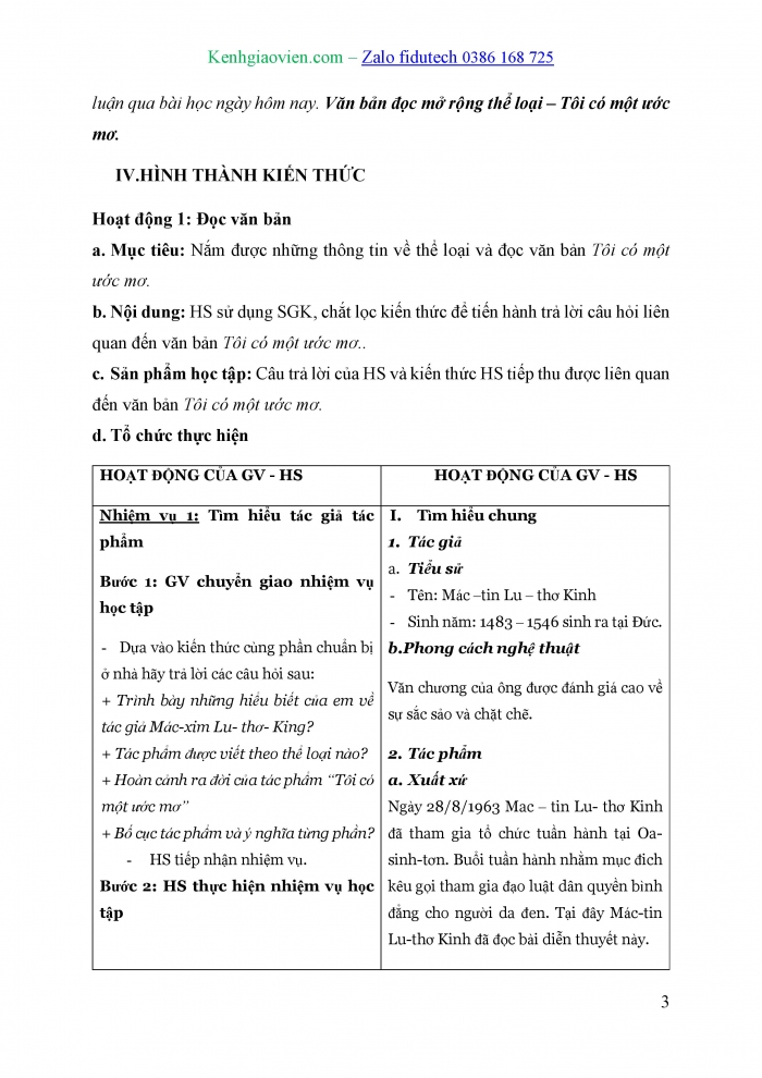 Giáo án và PPT Ngữ văn 10 chân trời Bài 9: Tôi có một giấc mơ (Mác-tin Lu-thơ Kinh)