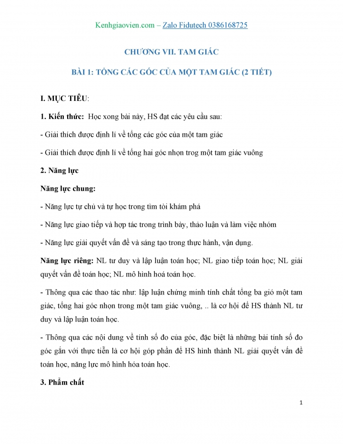 Giáo án và PPT Toán 7 cánh diều Bài 1: Tổng các góc của một tam giác