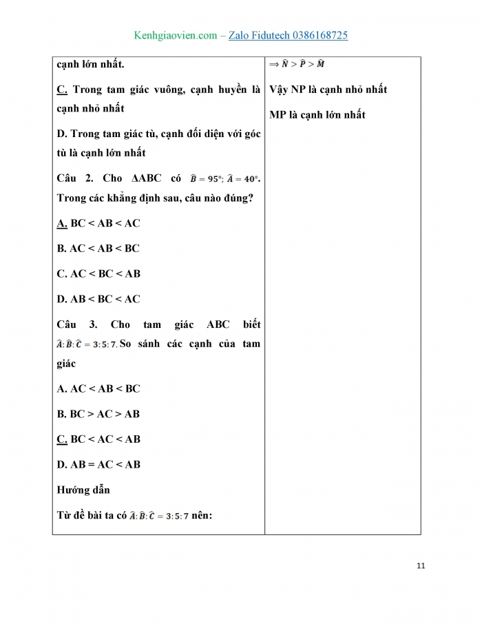 Giáo án và PPT Toán 7 cánh diều Bài 2: Quan hệ giữa góc và cạnh đối diện. Bất đẳng thức tam giác