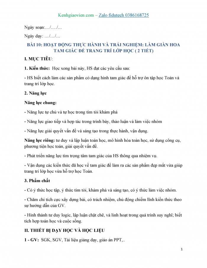 Giáo án và PPT Toán 7 chân trời Bài 10 Hoạt động thực hành và trải nghiệm: Làm giàn hoa tam giác để trang trí lớp học