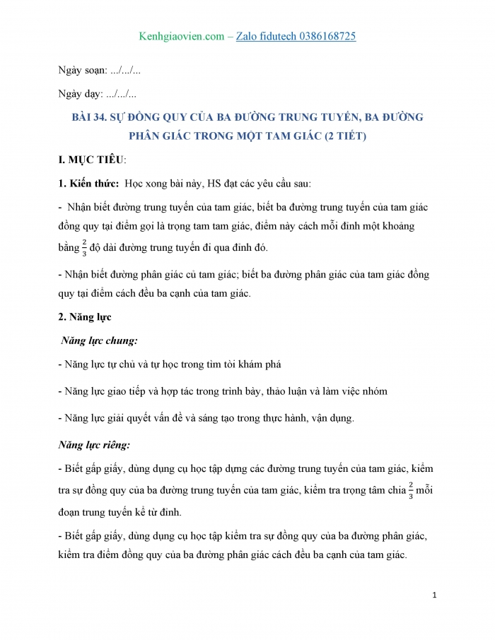Giáo án và PPT Toán 7 kết nối Bài 34: Sự đồng quy của ba đường trung tuyến, ba đường phân giác trong một tam giác