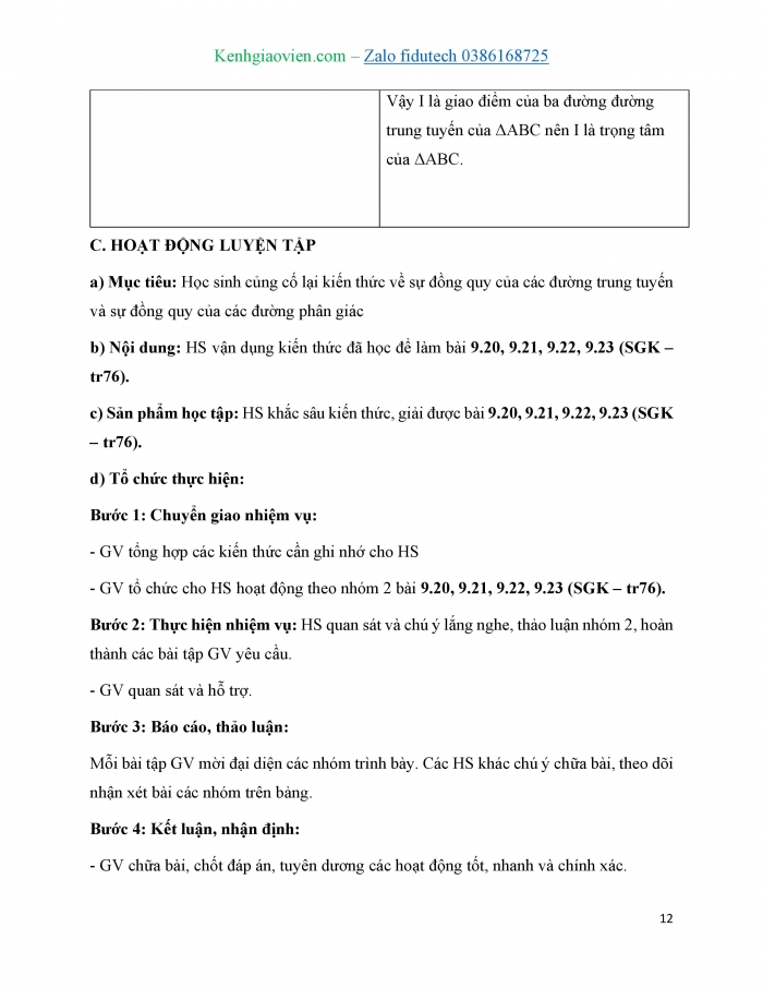 Giáo án và PPT Toán 7 kết nối Bài 34: Sự đồng quy của ba đường trung tuyến, ba đường phân giác trong một tam giác