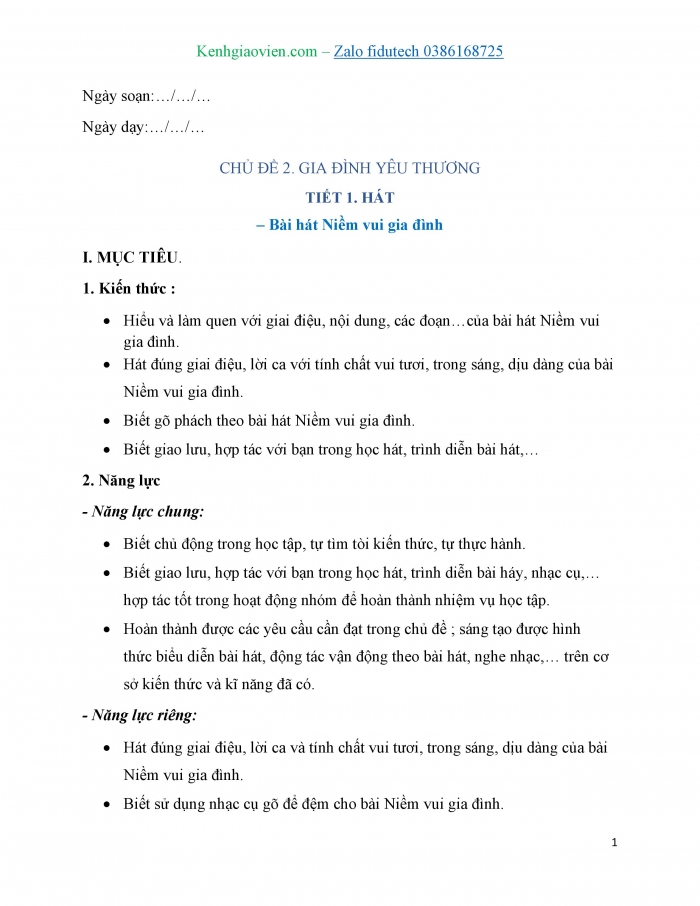 Giáo án và PPT Âm nhạc 7 chân trời Tiết 1: Hát Niềm vui gia đình