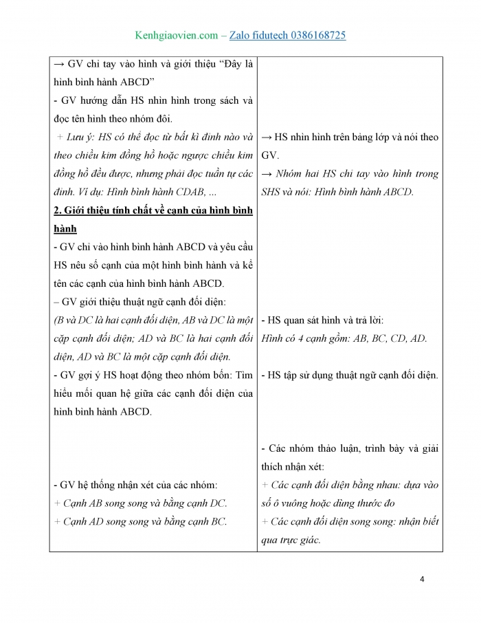 Giáo án và PPT Toán 4 chân trời Bài 54: Hình bình hành