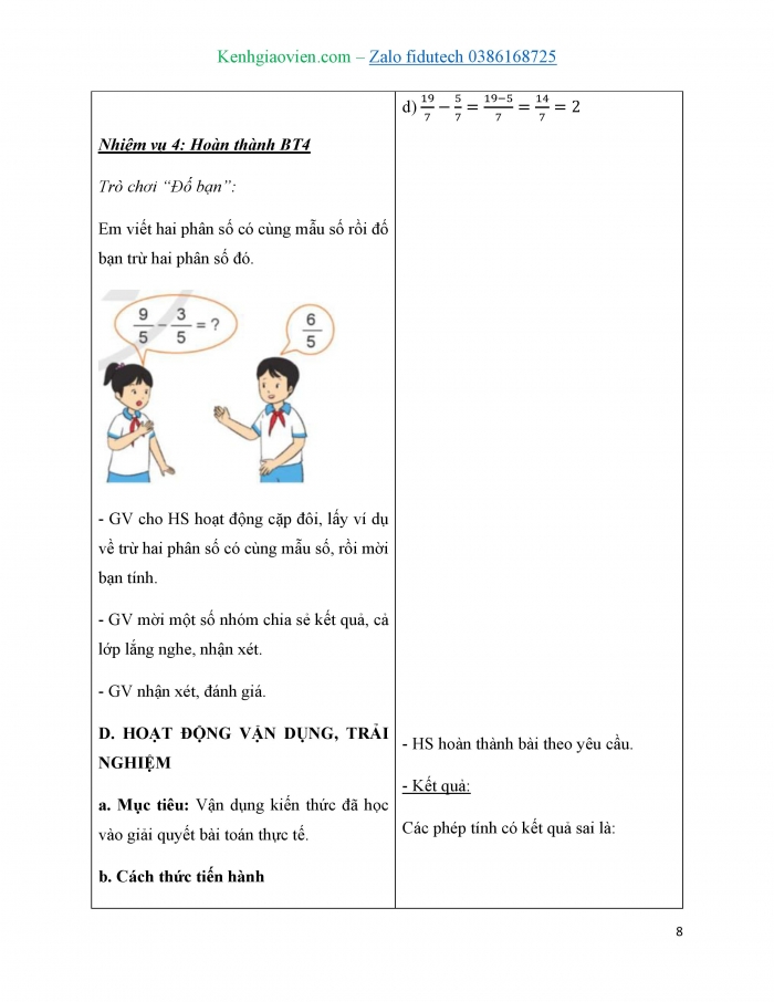 Giáo án và PPT Toán 4 cánh diều Bài 74: Trừ các phân số cùng mẫu số