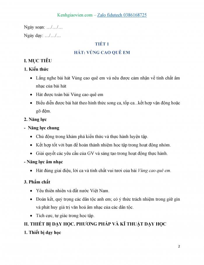 Giáo án và PPT Âm nhạc 7 chân trời Tiết 1: Hát Vùng cao quê em