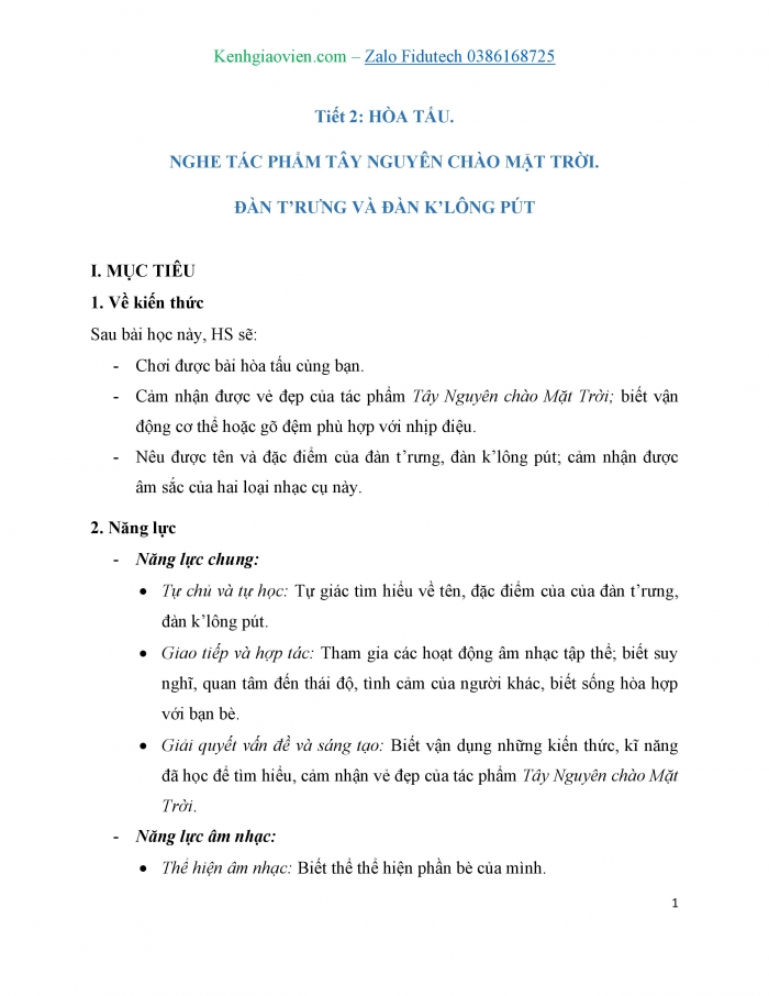 Giáo án và PPT Âm nhạc 7 cánh diều Tiết 2: Hoà tấu, Nghe Tây Nguyên chào Mặt Trời, Đàn t’rưng và đàn k’lông pút